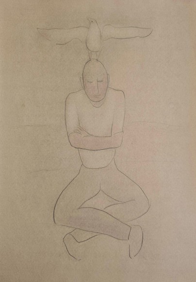 Painting Young man with a bird on his head, artist Alexander Freidin